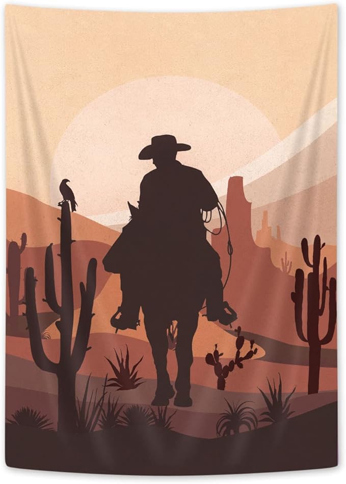 Western Cowboy Tapestry, Country Themed Clipart Illustration Cowboy Riding in Desert Wild West, Mid Century Modern Cactus Moon Bohemian Tapestry Wall Hanging Bedroom Living Room Dorm, 30X40IN