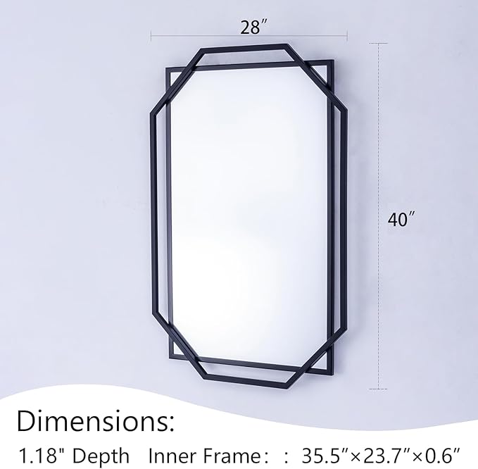 Decorative Wall Mirror, Black Frame Bathroom Mirror for Wall with Modern Metal Octagonal, for Living Room, Dining Room, Entryway (40" x 28")
