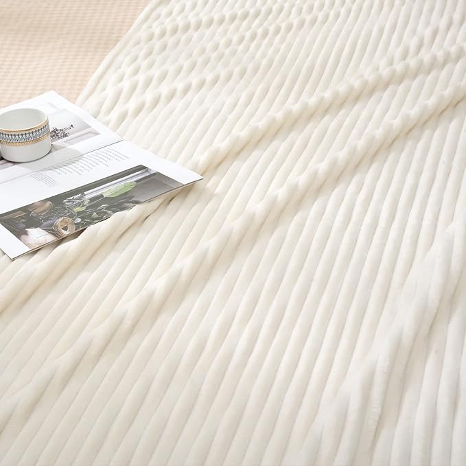 Vessia Flannel Fleece Throw Blanket for Couch,Sofa,Bed, 300GSM Microfiber Cream Striped Chair Blanket for Adults and Kids, Super Soft Warm Cozy Lightweight Ivory Ribbed Throw for All-Season