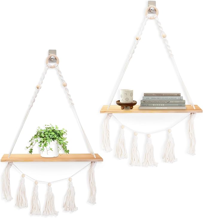 Macrame Wall Hanging Shelves,Boho Decor Floating Shelves Set of 2,Wood Floating Shelves for Wall No Drilling for Plants Photos,Women Girls Bedroom Decor,Living Room (Wooden Two-Pack)