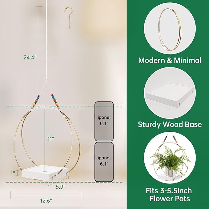 Hanging Planters for Indoor Plants,Plant Hanger with Sturdy Wood Base,Modern Boho Macrame Plant Hanger,Wall Ceiling Window Stands(Plants/Pots Not Included) (1 Pack/Gold+Macrame)