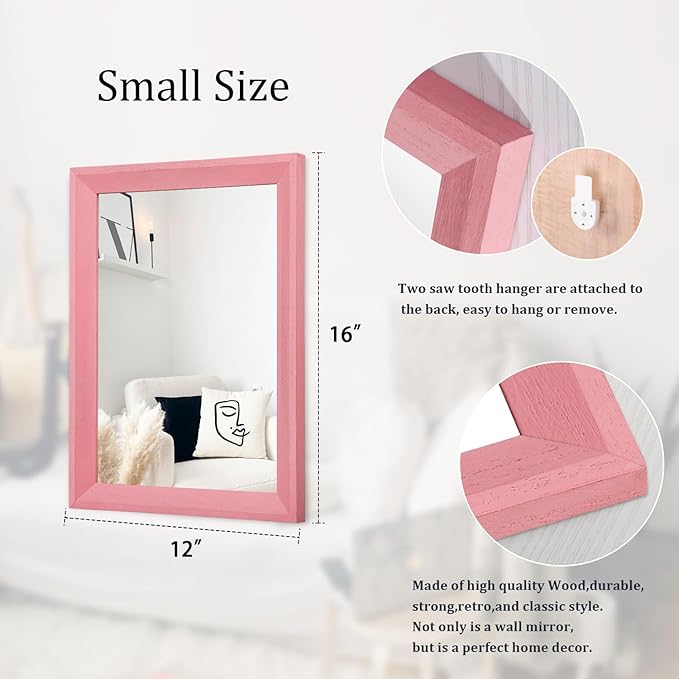 AAZZKANG Rectangle Mirror with Wood Frame Modern Farmhouse Wall Mirrors Decor for Bedroom Bathroom Living Room Small Pink