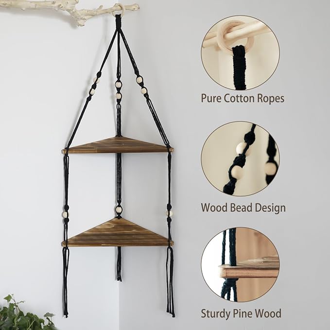Artilady Black Corner Shelf Wall Hanging - 2 Tier Wood Floating Shelves, Rustic Boho Wall Shelf Decor Hand Woven Cotton Rope Storage Rack for Plants Pots Photo Frames (Black)
