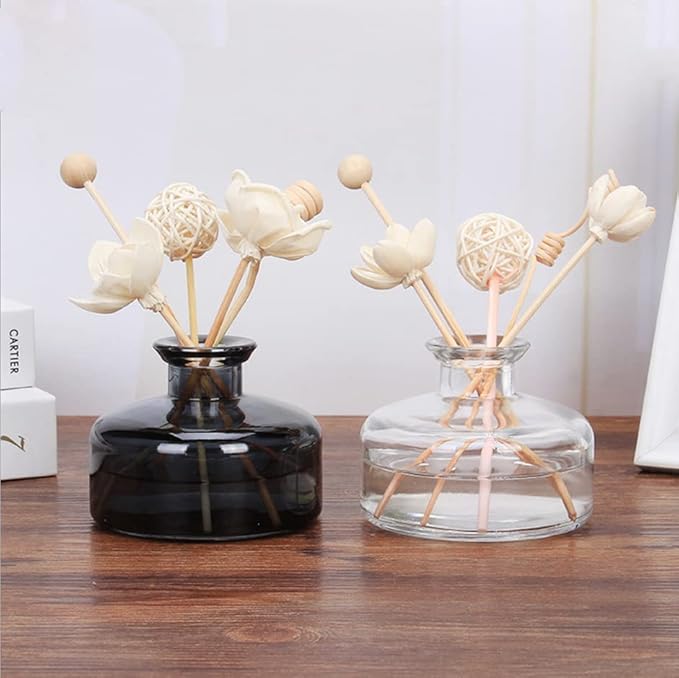 QUUPY 200ml Empty Glass Diffuser Bottle Round Aromatherapy Jar Container Essential Oil Perfume Fragrance Accessories for DIY Replacement Reed Sticks Crafts Decor Black