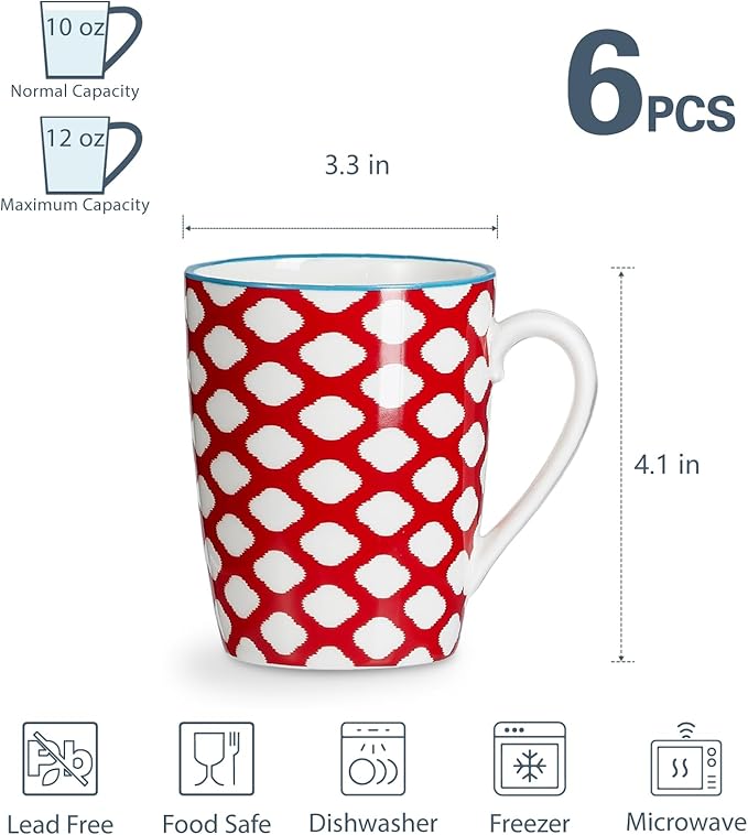 ONEMORE Coffee Mugs Set of 6, 12 oz Ceramic Coffee Cup with Handles, Porcelain Mugs for Latte Cappuccino Tea Cocoa, Microwave Dishwasher Safe, Aesthetic Home Office Cups for Women Men (Assorted Color)