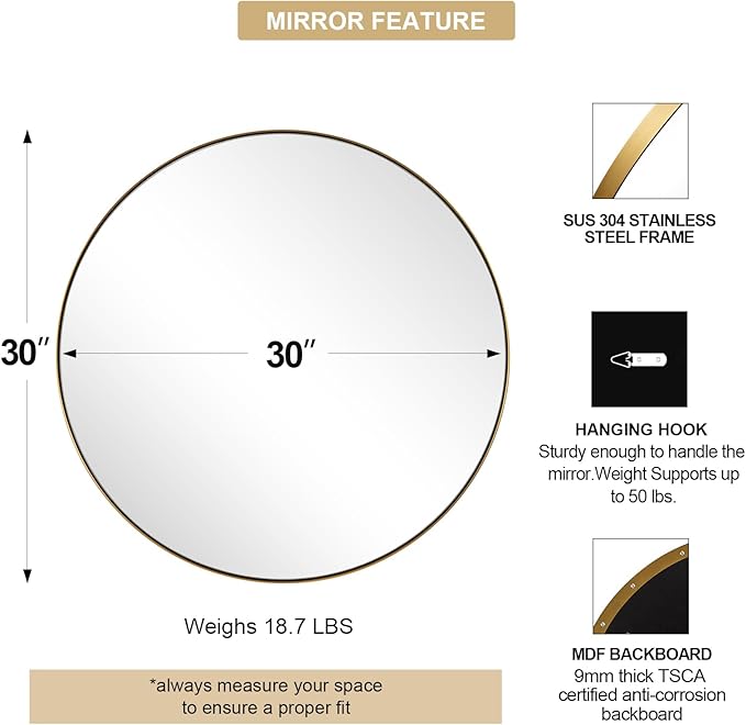 ANDY STAR Round Gold Mirror, 30'' Brass Mirror with Brushed Gold Frame, Wall Mounted Stainless Steel Metal Frame Round Mirror for Bathroom, Living Room, Bedroom