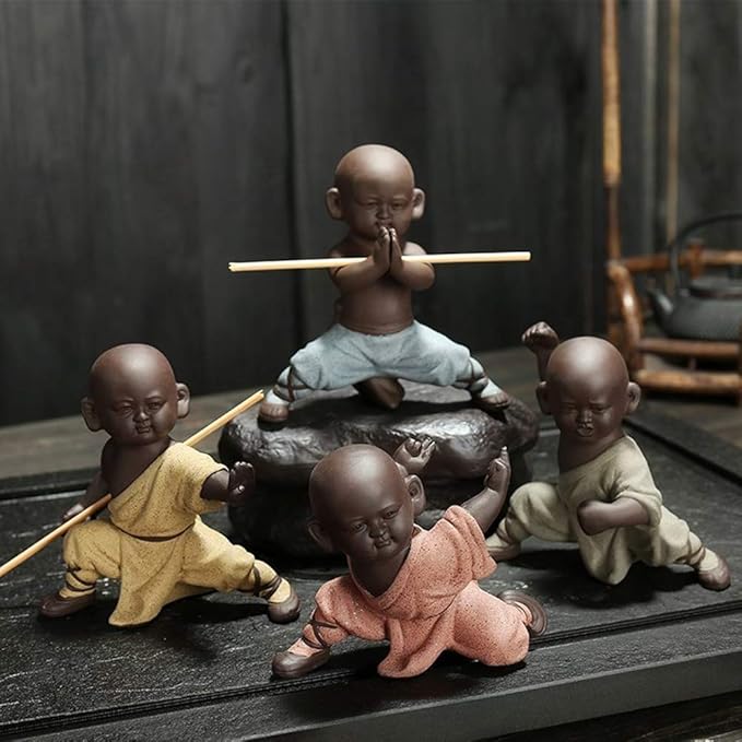 Kingzhuo Ceramic Cute Buddha Statue Adorable Monk Figurines Delicate Chinese Four Style Kung Fu Monks Set of 4 Monk Sculptures for Home Decor Tabletop Display Ornaments Decoration 4.7in in Height