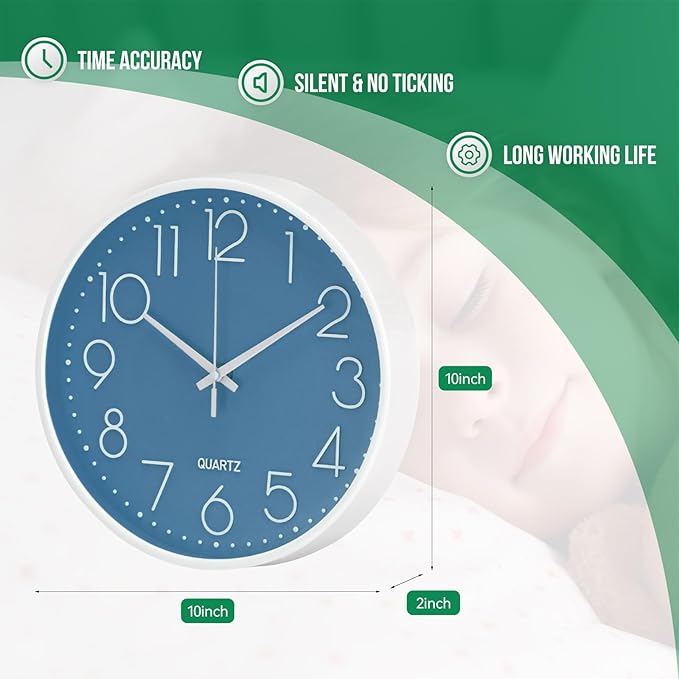 Wall Clock 10 Inch Non-Ticking Silent Modern Simple Style Round Decor Clock Cerulean Stereoscopic Dial Quartz Wall Clocks for Home/Office/School/Living Room/Bedroom/Kitchen
