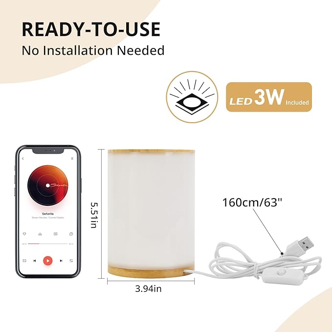 Mini Bamboo Bedside Table Lamp with10 Brightness & 3 Color Temperatures,Cozy PC Shade,Soft Ambient Nightstand Night Light for Bedroom,Kids Room,Bedroom,Dorm,Nursery