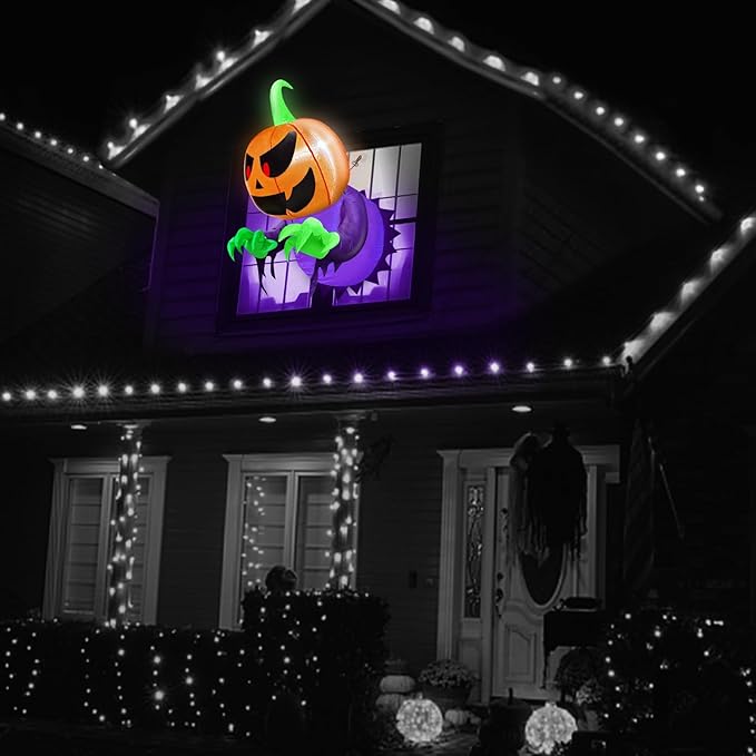 TURNMEON 4 Ft Halloween Inflatable Decorations Outdoor Pumpkin Ghost Broke Out from Window, Blow Up with Build-in LED Lights for Halloween Decorations Outside Indoor Home Party Yard Garden Lawn Decor