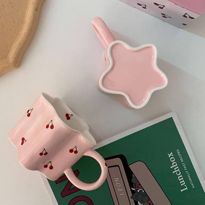 Women Girls Pink Flower Shape Cherry Mug Ceramic Coffee Mug Water Cup 350ml/12oz Cute Novelty Vintage Gift