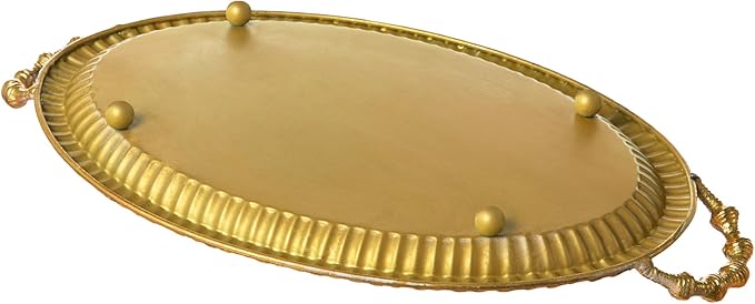 Glitzhome Set of 2 Oversized Vintage Gold Mirror Decorative Trays with Handles, Oval Metal Vanity Jewelry Tray Perfume Dresser Tray, Elegant Jewelry Organizer Makeup Trays