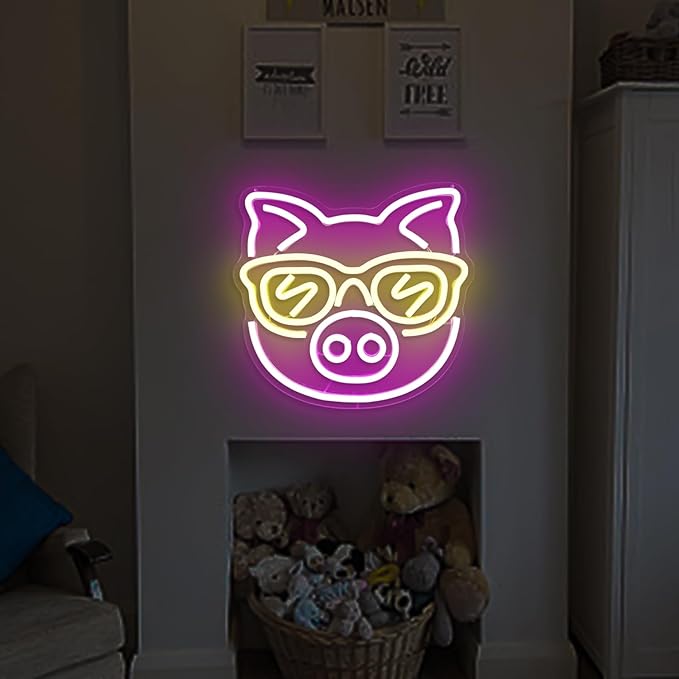 SunGlasses Pig Neon Sign Cute Neon Led Sign for Wall Decor Neon Light Sign Light Up Sign for Bedroom Game Kids Room Bar Club Party Decor Gift