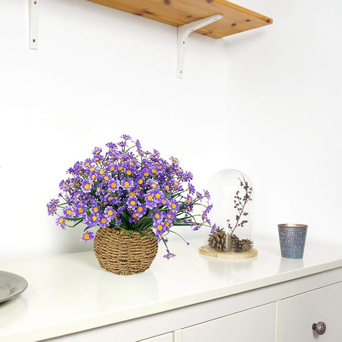 8 Bundles Artificial Daisies Flowers Outdoor UV Resistant Fake Foliage Greenery Faux Plants Shrubs Plastic Bushes for Window Box Hanging Planter Farmhouse Indoor Outside Decor(Purple)