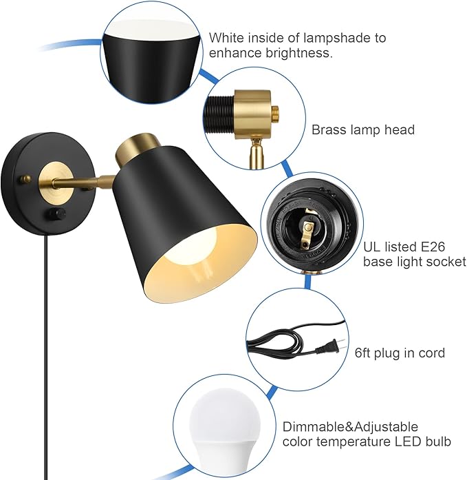 Wall Sconce Plug in, Remote Control Dimmable Wall Sconces and Adjustable Color Temperature 2700K-6000K Wall Lights with Plug in Cord, Wall Mounted Light for Bedroom Bedside(2 Pack, 2 Bulbs)