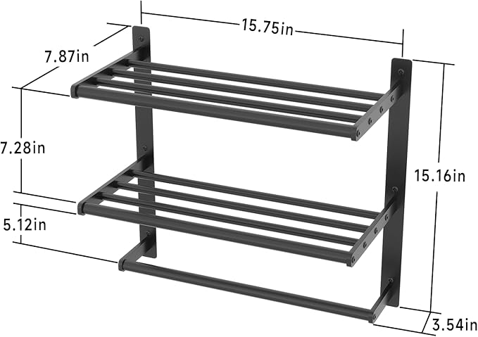 Hotel Towel Racks for Bathroom Wall Mounted, BETHOM Towel Shelf for Bathroom 3-Tier, 16 Inch Matte Black Towel Bar with Shelf