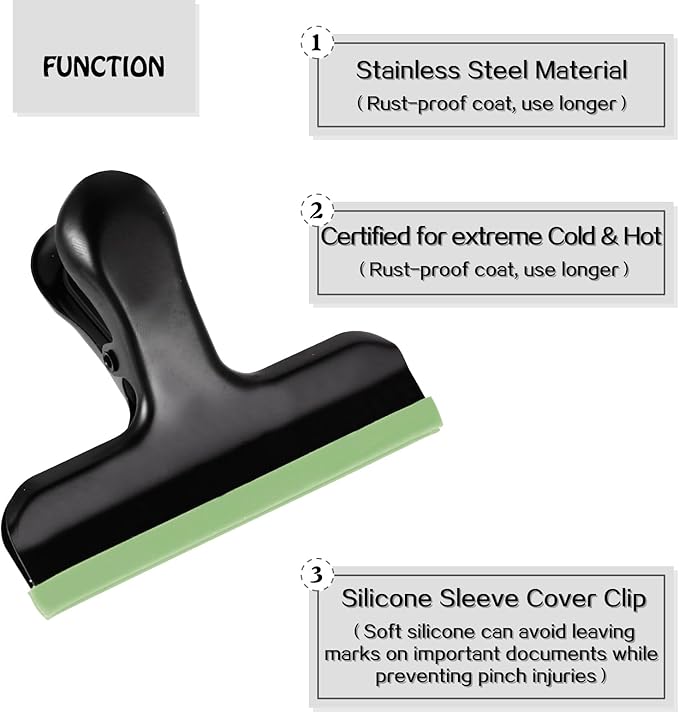 HOUSE AGAIN 12 Pack Stainless Steel Chip Bag Clips Covered with Green Silicone - NO More Sharp Edges - Color Coded for Food Bags - Air Tight Seal, Heavy Duty for Kitchen and Office, 3 Inches-Black