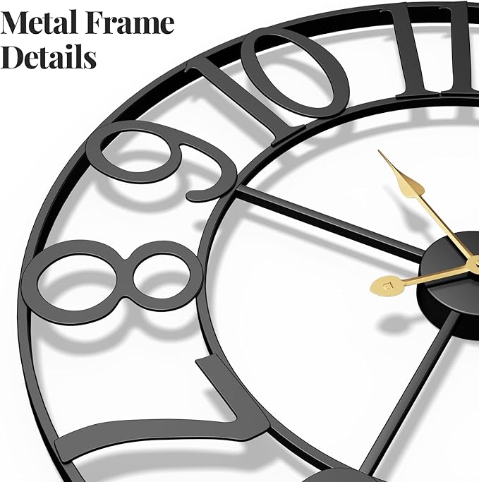 Large Wall Clock for Living Room Kitchen Mantel Decor, 30 Inch Decorative Wall Clock Silent Non Ticking Battery-Operated Metal Round Modern Black Wall Clocks Arabic Numerals