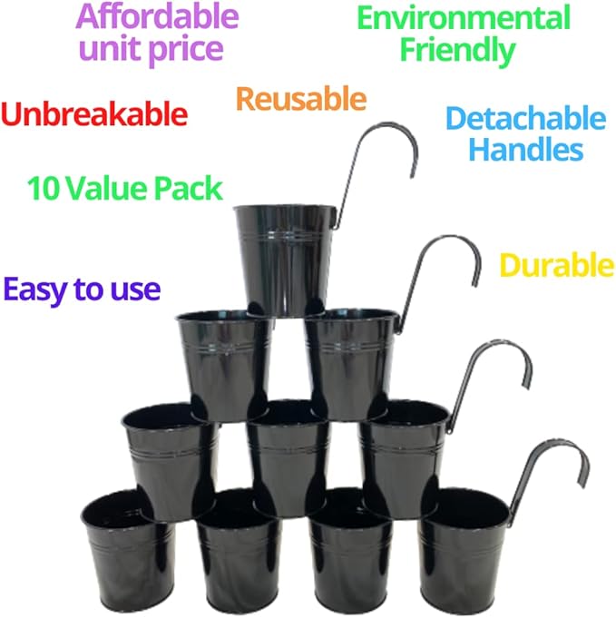 LaLaGreen Railing Planter 10 Pack, 6 Inch Hanging Flower Pot Black, Outdoor Large Metal Iron Fence Bucket, Balcony Garden Wall Deck Porch Patio Rail Decor Hanger Hook Farmhouse Balcony 6'''' (15cm)