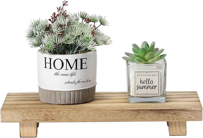 Wood Riser for Home Decor, Small Plant Stand with Decorative Wood Pedestal, Rustic Tray (11.8x4.7x2 inches)