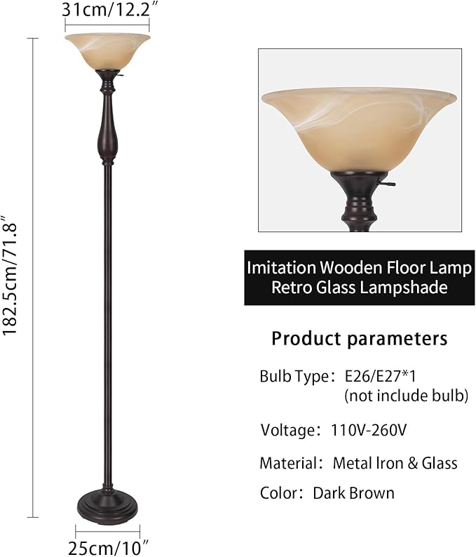 Torchiere Floor Lamp for Living Room, Standing Lamp with Glass Shade, Iron Brushed Nickel Floor Lamps, Corner Lamps for Bedroom, Office, Reading (Dark Brown)