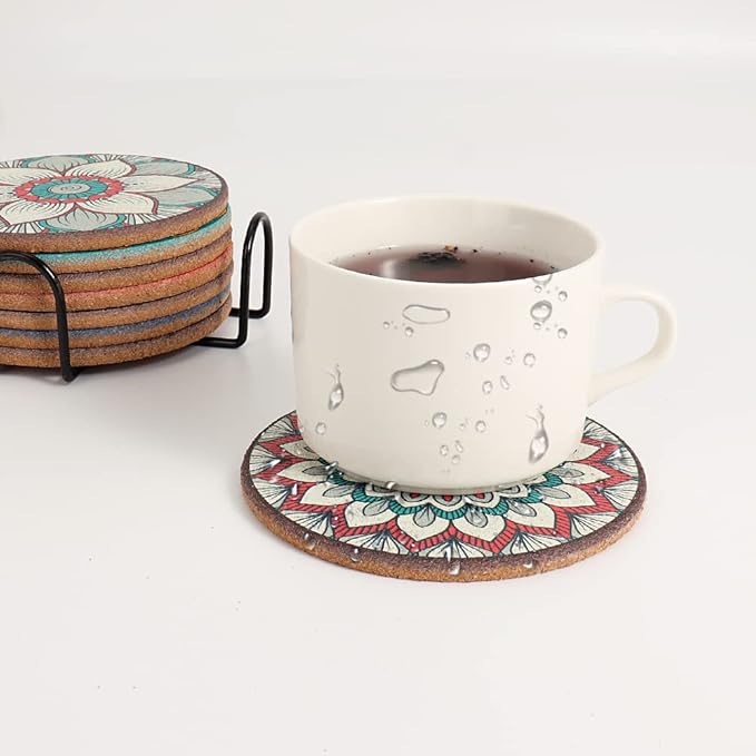 Coasters Set of 8,Cork Coasters for Drinks,Colorful Drink Coaster with Holder,Cute Coaster for Coffee Table,Boho Decor for Apartment Home Bar,Boho Gifts for Women
