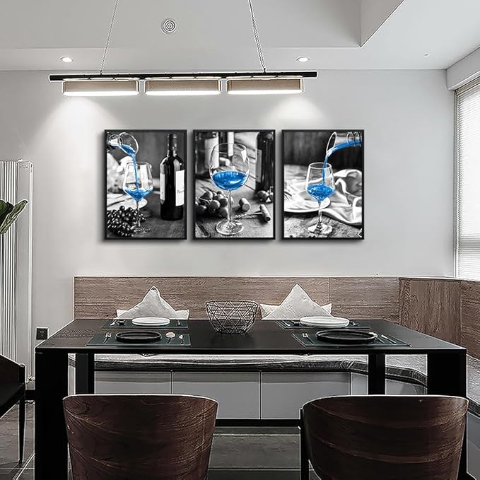 TTHYUEWS Large Black Framed Wall Art for Kitchen Modern Wall Decor for Dining Room Blue Wine Glasses Pictures Prints Artwork Black and White Wall Paintings Ready to Hang for Restaurant Home Decor