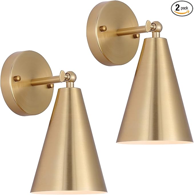 MWZ Gold Sconces Set of 2, Modern Brass Wall Sconces Lighting Fixtures with Metal Shade, Indoor Decor Wall Mount Swing Arm Lamp for Bedroom,Bedside,Kitchen,Hallway,Living Room,Reading,Bar