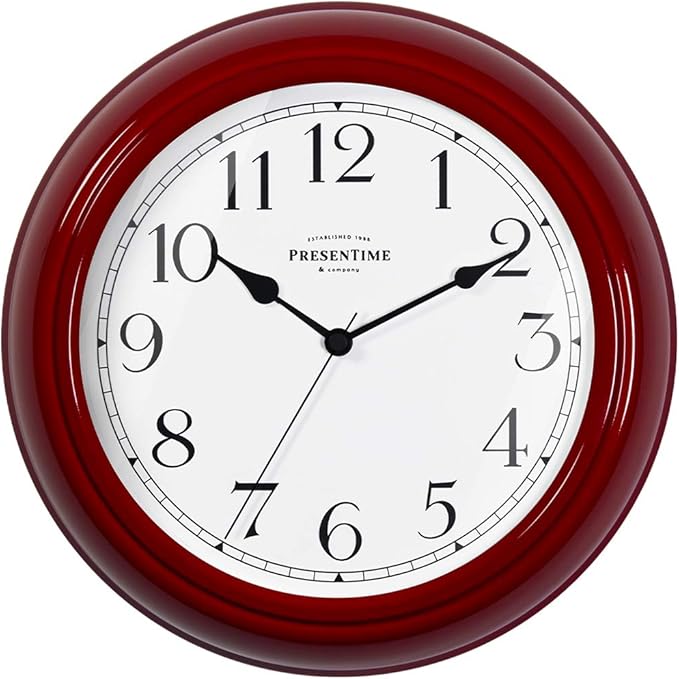 Presentime & Co Chic Home Collection 10" Molly Clock, Silent No Ticking, Red Color. Modern Decorative Wall Clock for Kitchen, Kid's Room, Bathroom, Bedroom, and Office