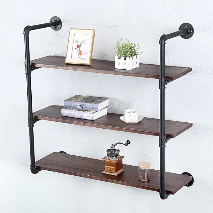 Industrial Pipe Shelving Wall Mounted,36in Rustic Metal Floating Shelves,Steampunk Real Wood Book Shelves,Wall Shelf Unit Bookshelf Hanging Wall Shelves,Farmhouse Kitchen Bar Shelving(3 Tier)