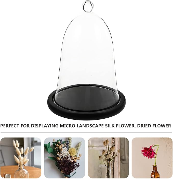 Cupcake Clear Glass Dome Cloche with Rustic Wooden Base Antique Bell Jar Display Dome for Plants Succulents Fairy Lights Photos Medals Decorative Fill and More Black Mini Cake Stand