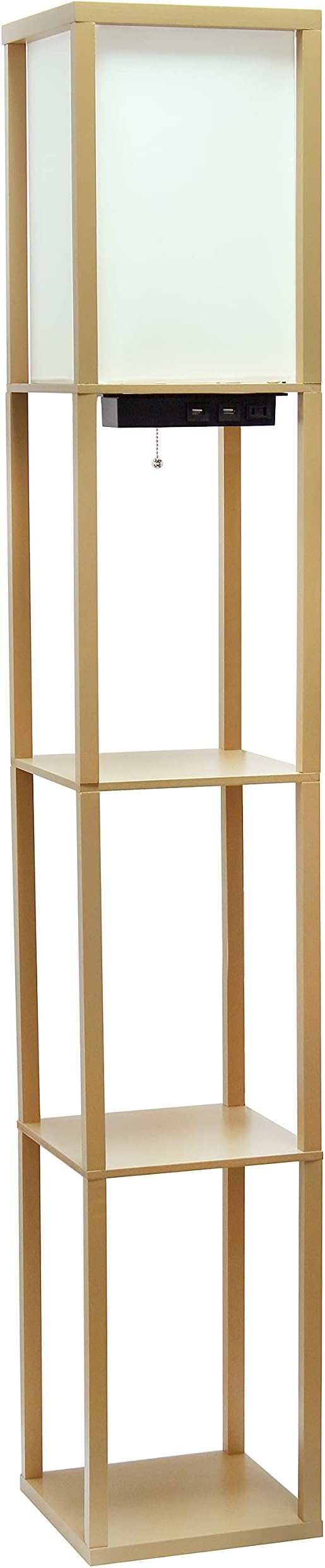 Simple Designs LF1037-TAN Floor Lamp Etagere Organizer Storage Shelf with 2 USB Charging Ports, 1 Charging Outlet and Linen Shade, Tan