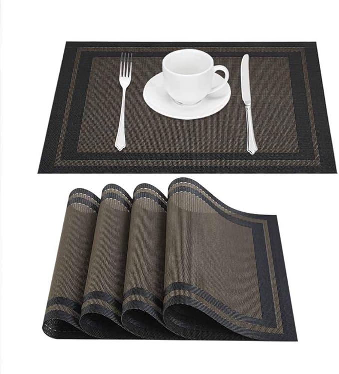 GIVERARE Placemats Set of 4, Heat-Resistant Woven Vinyl Placemat, Non-Slip Washable PVC Table Mat, Easy to Clean Premium Plastic Mats for Dining, Kitchen Table (Black+Gold)