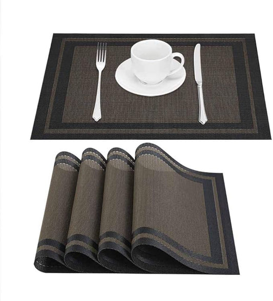 GIVERARE Placemats Set of 4, Heat-Resistant Woven Vinyl Placemat, Non-Slip Washable PVC Table Mat, Easy to Clean Premium Plastic Mats for Dining, Kitchen Table (Black+Gold)