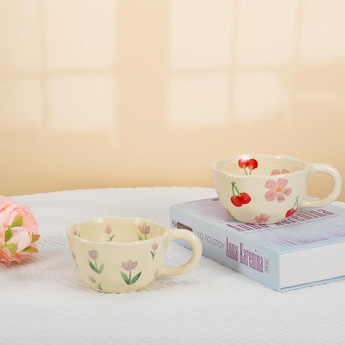 Koythin 2-Pieces Ceramic Coffee Mugs, Creative Cute Flower Cup for Office and Home, 8.5 oz/250 ml Aesthetic Mug for Latte Tea Milk (2 Purple Tulip)
