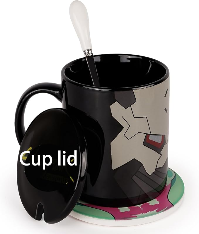 12oz Ceramic Mug Set - 4-piece Coffee Mugs with Lid, Coaster & Spoon - Perfect for Fans of Cyberpunk Aesthetic &Sci-Fi (Black)