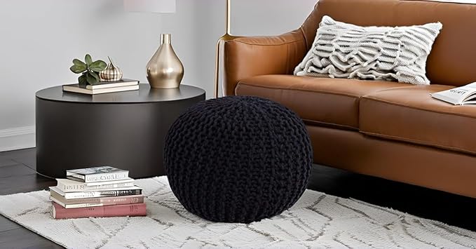 FRELISH DECOR Round Pouf Ottoman Hand Knitted 100% Cotton Pouf Foot Stool - Knitted Bean Bag - Floor Chair for Living Room Bedroom - Foot Rest for Couch (20 Diameter x 14 Height) - Black