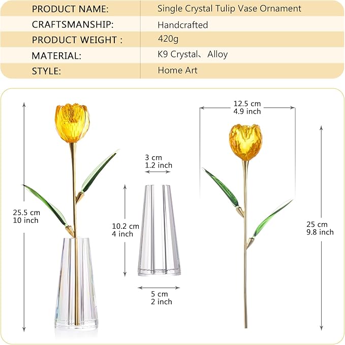 Crystal Tulip Flowers Figurine Collectible- Glass Flowers with Vase,Glass Flower Bouquet Paperweight,Gift for Anniversary Wedding Centerpiece Ornament(Yellow)