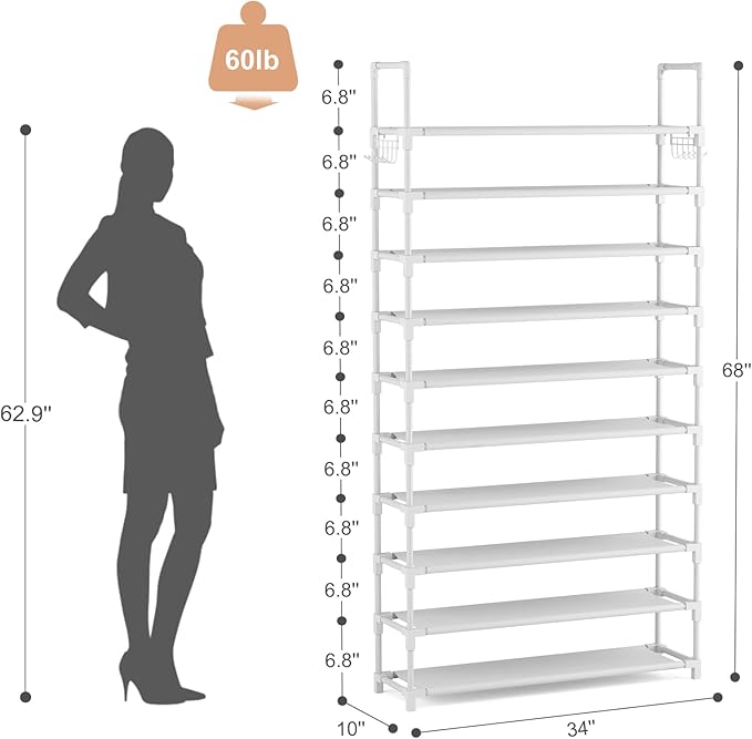VTRIN 10 Tiers Shoe Rack Tall Large Capacity 50 Pairs Wide Shoe Organizer Sturdy Shoe Shelf for Entryway with Two Hooks Metal Shoe Storage for Closet, Bedroom, White, XJ-113