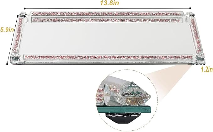 Crystal Glass Tray, Mirror Vanity Tray, Golden Decor Tray for Dresser, Jewelry Trinket Cosmetic Makeup Tray, Crushed Diamond Home Decor, Serving Tray for Bathroom Countertop Organizer (Rose Red)