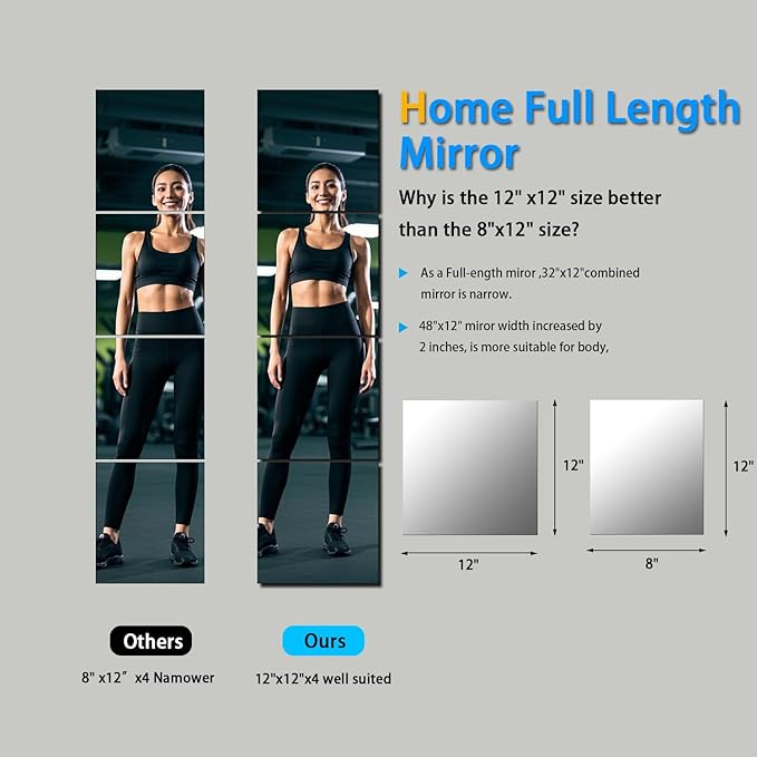 12" x 12" Glass Mirror Tiles for Wall – Frameless Full Length Mirror Wall Mounted, Full Body Mirrors for Bedroom Home Gym Door & Bathroom (4-Pack)
