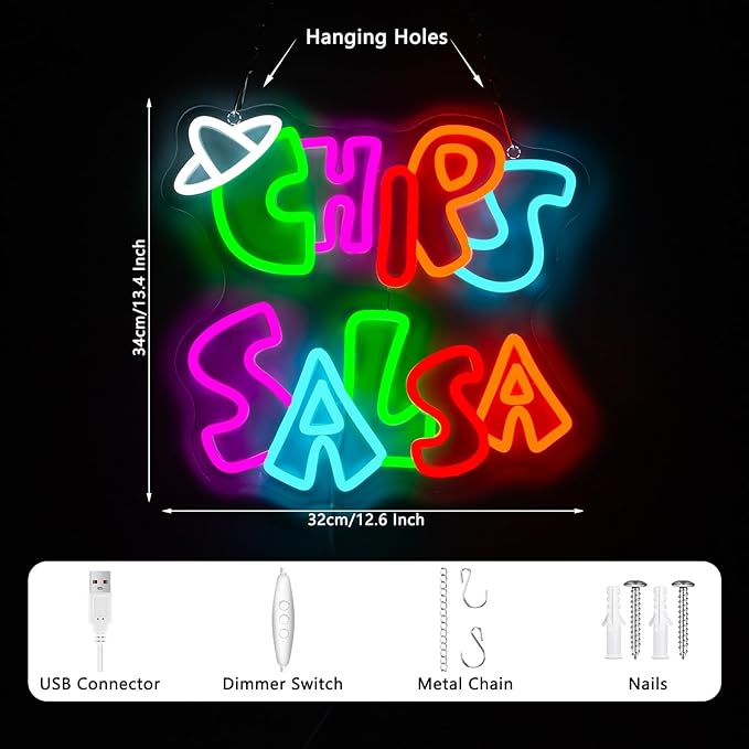 Chips and Salsa Neon Sign, Mexico Food Neon Signs For Wall Decor, Led Light Up Signs for Resturant Snacks Shop Home Party Decorations Gifts