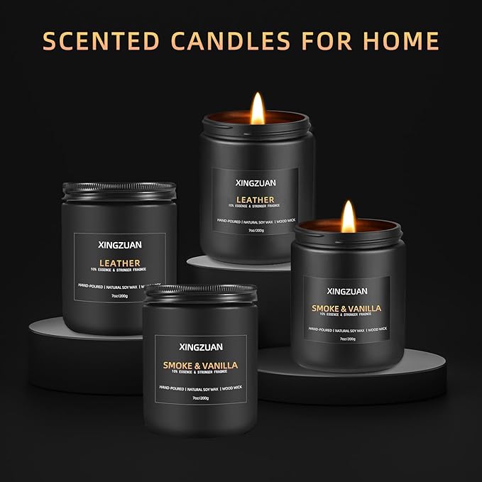 2PCS 10% Essence Smoky Vanilla Candle Set | Leather Scented Candle | Men's Room Decor | Black Soy Candle with Wood Wick | Long Lasting 45 Hour Time | Ideal for Man Cave, Bedroom, or Officec
