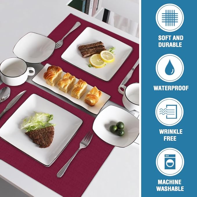 H.VERSAILTEX Linen Placemats Set of 6 Premium Solid Table Mats for Dining Table Spill-Proof Waterproof Heat-Resistant Kitchen Mats Washable, 12x18 inches, Christmas Red