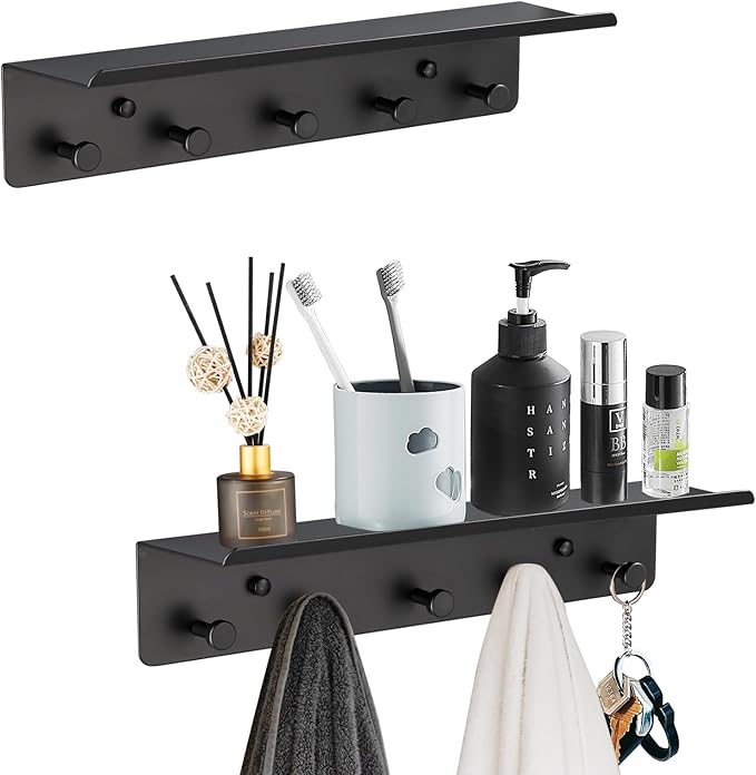 Towel Rack with Shelf Wall Mounted, Set of 2 Aluminum Bath Robe Hook, Outdoor Pool Holder or Bathroom Hot Tub Accessories, Metal Bathtub Hanger, Decor Display Storage for Hat Clothes Key Bag