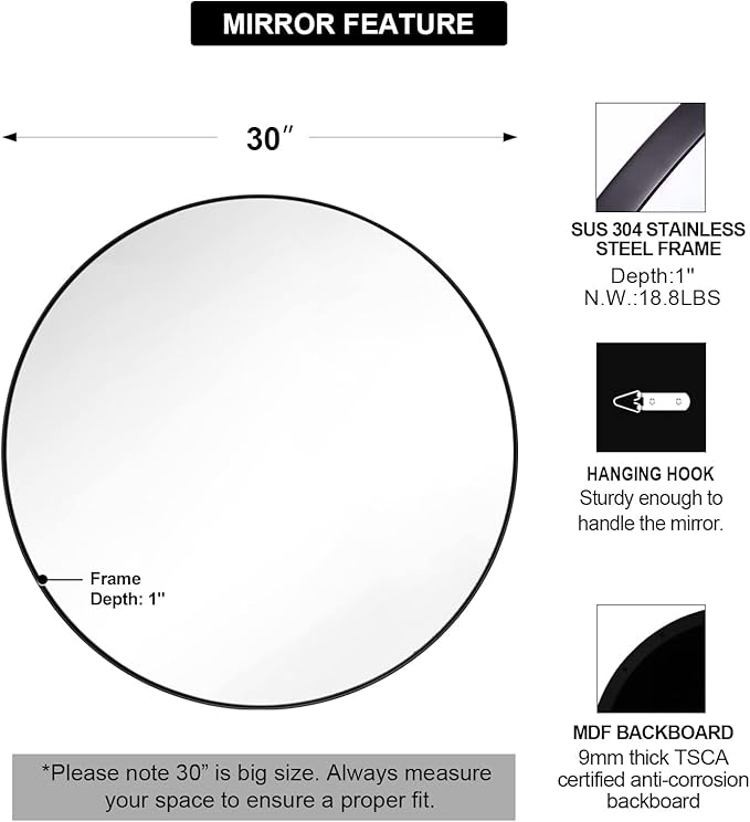 ANDY STAR Round Wall Mirror for Bathroom, 30 Inch Black Circle Mirror Modern Premium Stainless Steel Metal Frame Wall Mounted for Bathroom, Entryway, Vanity, Living Room, Bedroom