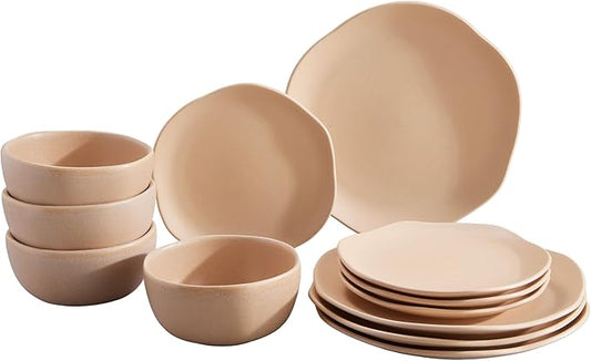 Corona Dinnerware Set 12–piece, Plates and Bowls Set, Ceramic Sets for 4, Microwave and Dishwasher Safe, Areia Modern Organic Shape.