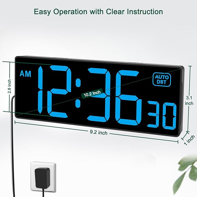 Soobest LED Wall Clock Digital Clock with Seconds, Electric Plug in Large Big Numbers Clock 5 Dimmers Wall Mount for Living Room, Auto DST, 10 Inches (Blue)
