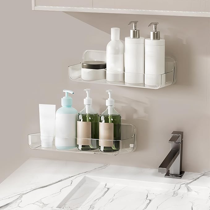 2pc Acrylic Wall Mount Organizer: Adhesive Shelf - Bathroom Wall Organizers - No Drilling Hang Walls, with 3pack Self Adhesive Tapes, for Bathroom, Kitchen,Living Room-Transparent