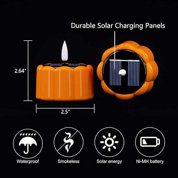DRomance Flameless Votive Candles Solar Battery Operated Dusk to Dawn 3D Wick Flickering Outdoor Waterproof Spooky Pumpkin LED Tea Lights Candles Set of 6 Halloween Decor(2.5" D x 2.64" H)